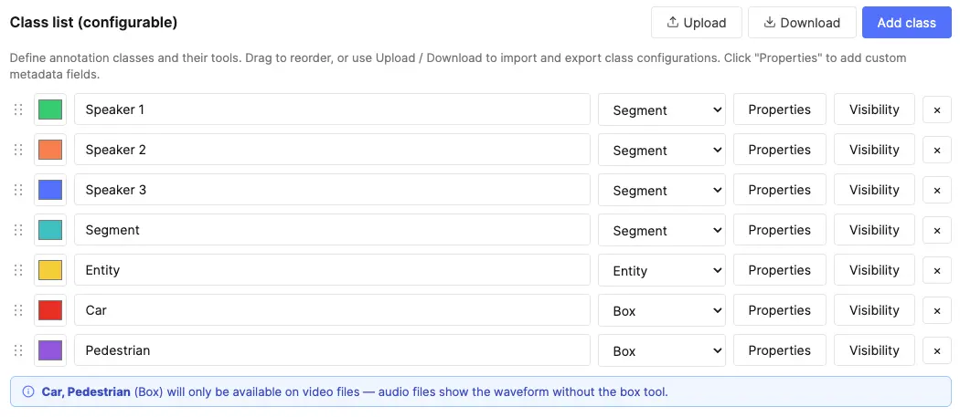 Class list with colors and Property buttons