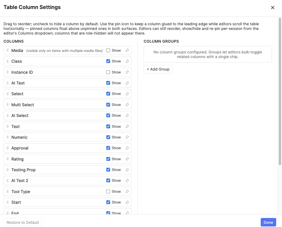 Table Columns Control modal
