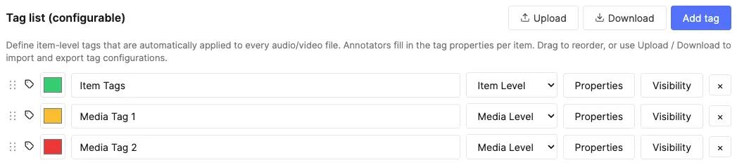 Tag list showing item and image level tags with colors and Property buttons