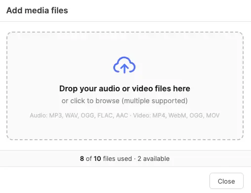 Editor showing the file upload modal