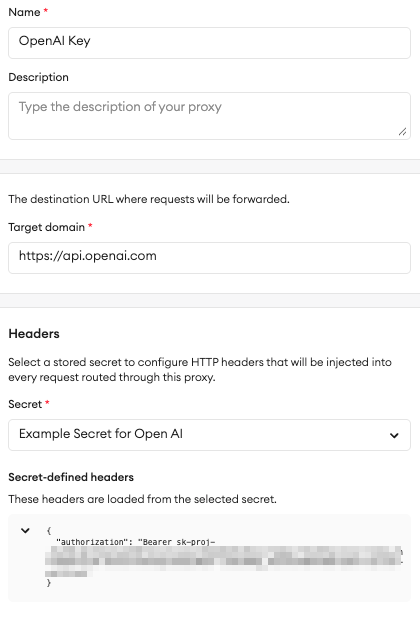 Proxy setup with the authorization header configured for OpenAI