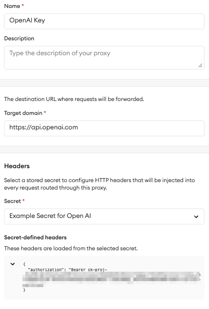 Proxy setup with the authorization header configured for OpenAI