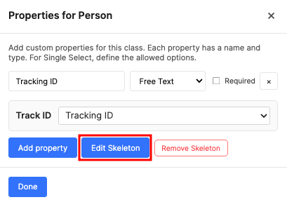 Keypoint configuration modal: options to add properties and add/edit skeleton