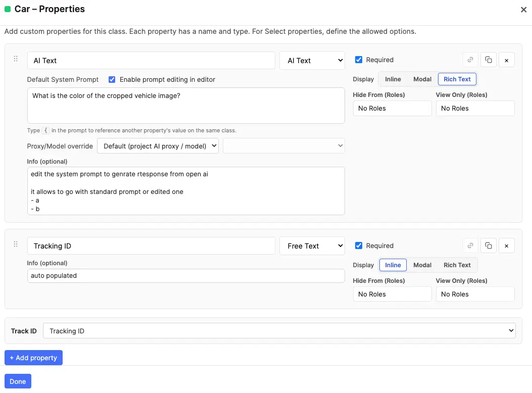 Properties for Car modal: AI Text property Color with default system prompt, Free Text Tracking ID marked Required, Track ID dropdown mapping to Tracking ID