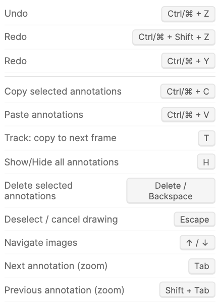 Keyboard shortcuts: undo, redo, copy, paste, track, hide, delete, escape, image navigation, Tab