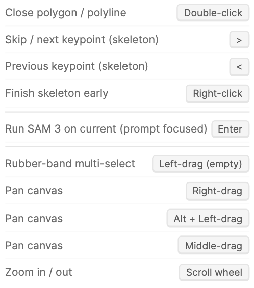 Keyboard shortcuts: polygon double-click, skeleton keypoint keys, SAM 3 Enter, image navigation