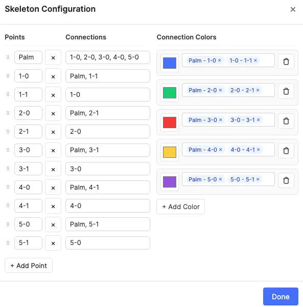 Skeleton Configuration modal: points left eye, right eye, nose, chin with connections between them