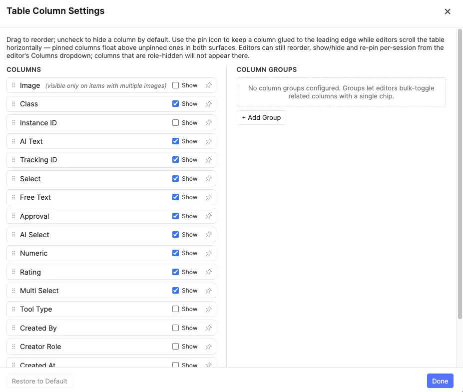 Table Columns Control modal
