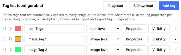 Tag list showing item and image level tags with colors and Property buttons