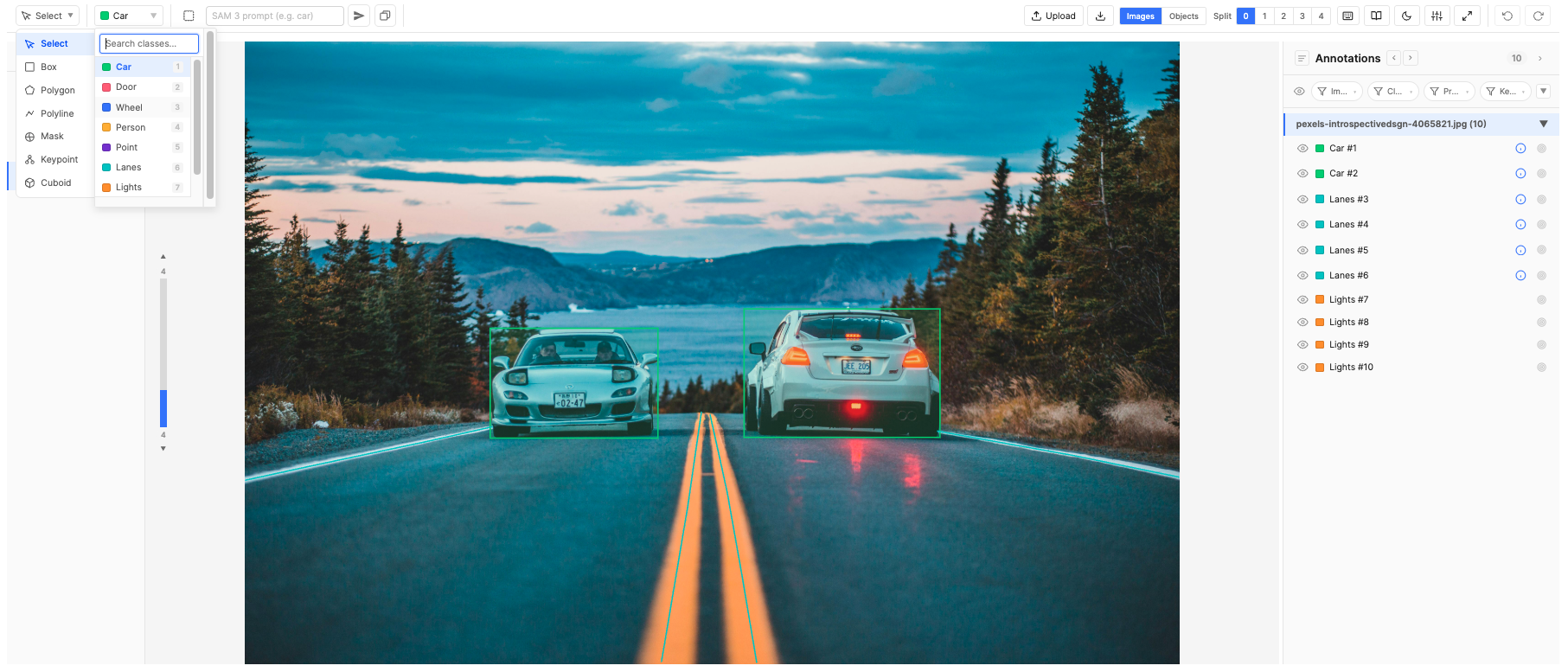 Editor layout: tool dropdown, class selector, canvas with bounding box, mask, and polyline annotations, and annotations panel