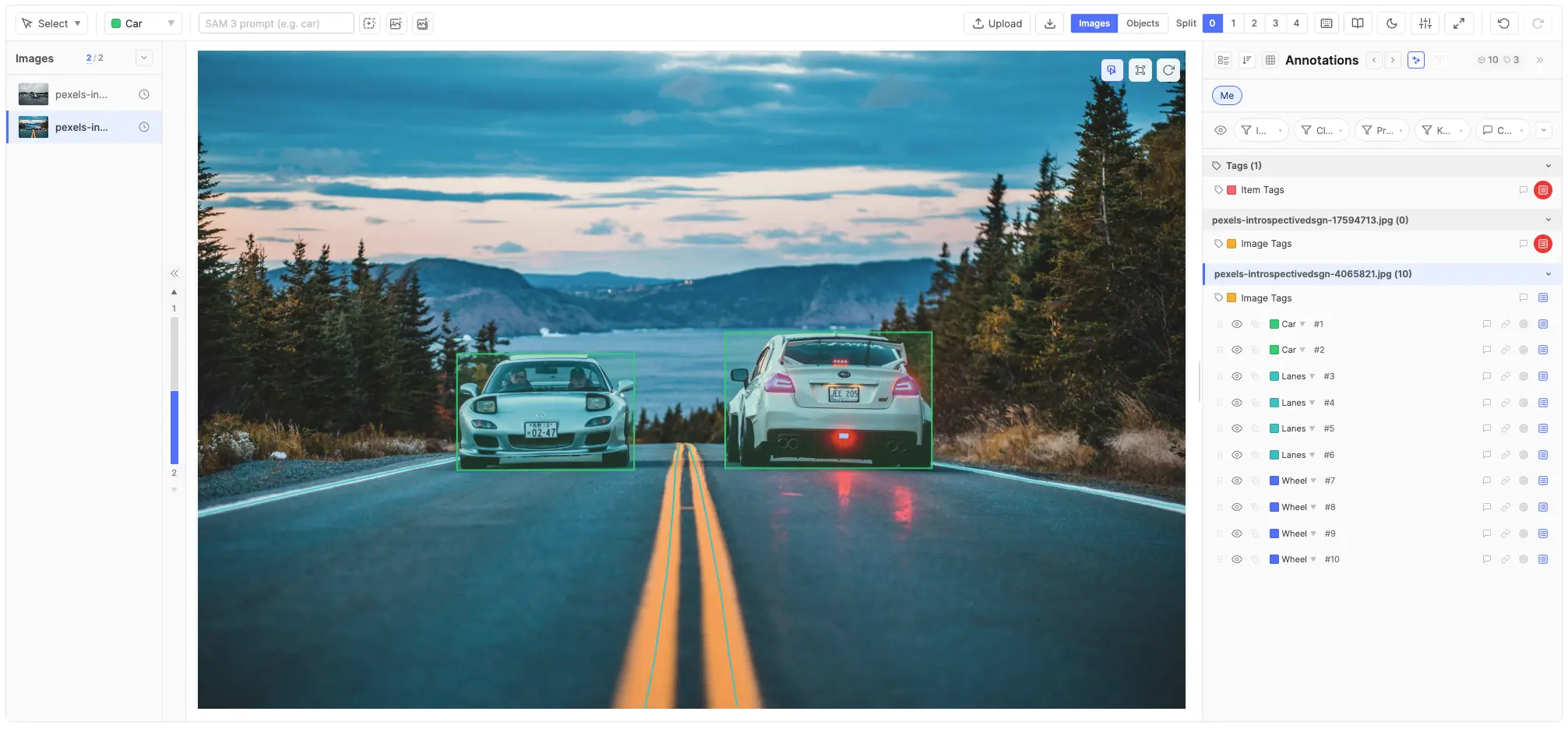 Editor layout: tool dropdown, class selector, canvas with bounding box, mask, and polyline annotations, and annotations panel