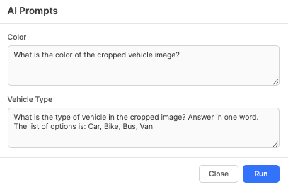 AI prompt popup showing textareas for each AI Text property and a Run button