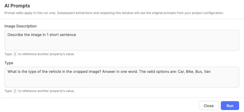 AI prompt popup showing textareas for each AI Text property and a Run button