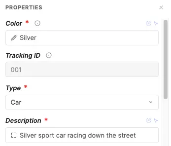 Property window with AI text results, free text (used as tracking id), and single select property