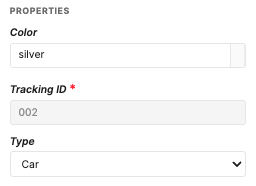 Property window with AI text results, free text (used as tracking id), and single select property