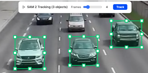 SAM 2 Tracking popup showing 'SAM 2 Tracking (3 objects)' title with frames slider and Track button; point prompt buttons are hidden
