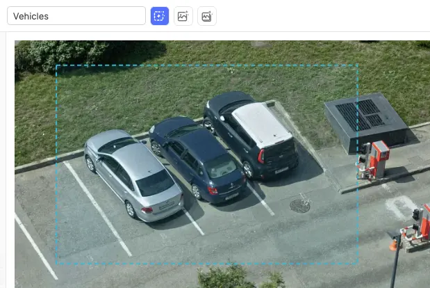Top toolbar showing the Region SAM 3 icon (blue, active) between the class dropdown and SAM 3 prompt field, with a dashed selection rectangle visible on the canvas