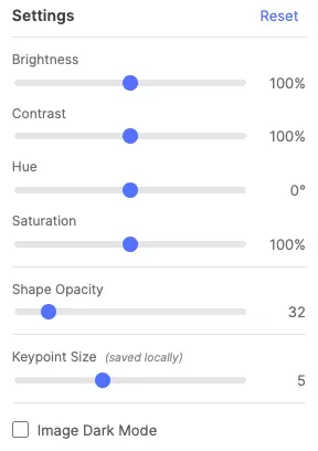 Settings popup showing brightness, contrast, hue, and saturation sliders, Shape Opacity at 32, Keypoint Size, and Image Dark Mode checkbox