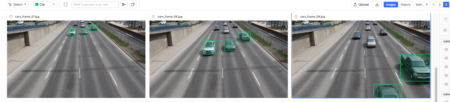 Split View with 3 columns showing video frames side by side, each with annotation overlays and frame labels