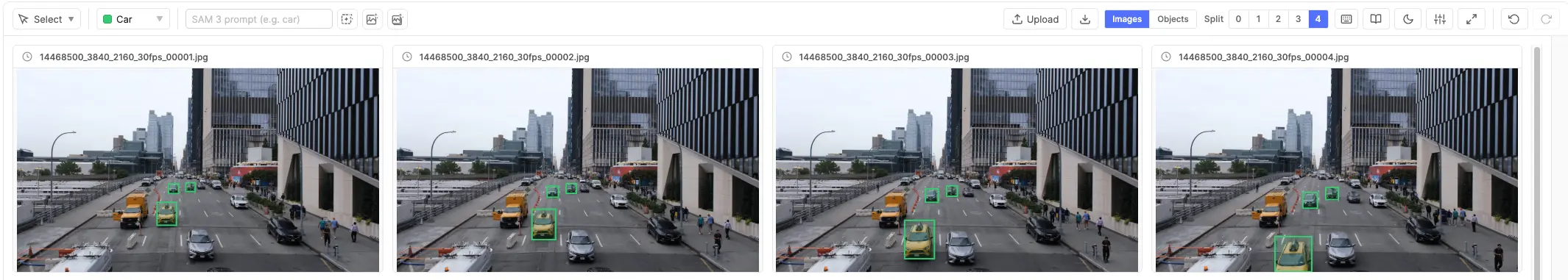 Split View with 3 columns showing video frames side by side, each with annotation overlays and frame labels