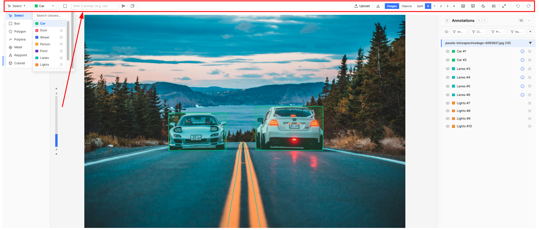 Top toolbar highlighted: tool and class selectors, SAM prompt field with Bumper text, send and layer buttons, Upload, Download, shortcuts, adjustments, undo and redo