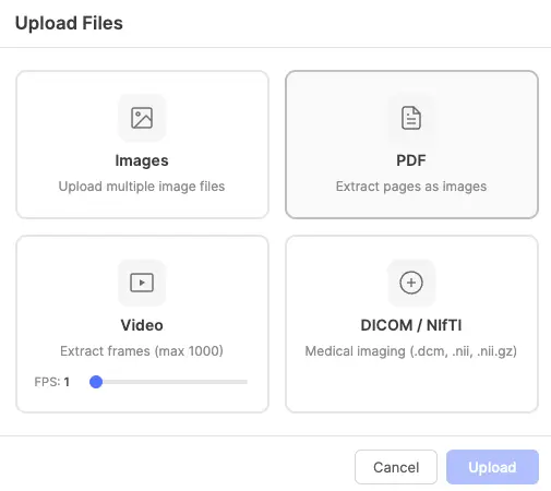 Editor showing the file upload modal
