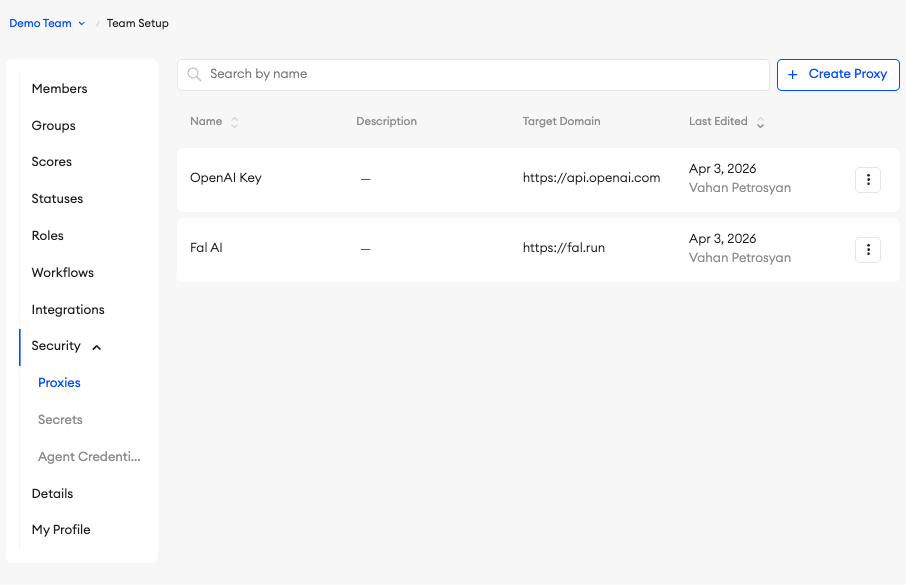 Two example proxies set up in teams settings page, one for Open AI, one for Fal AI