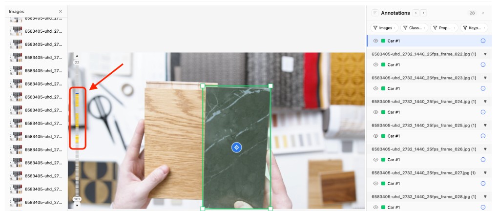 Editor with vertical frame bins beside the canvas: blue and yellow segments show current and tracked frames; bounding box on object; Annotations panel lists frames with tracked instances