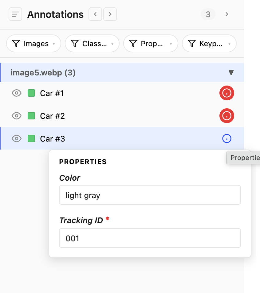 Step 2: Properties popover with Color, AI extraction, and required Tracking ID on selected Car annotation