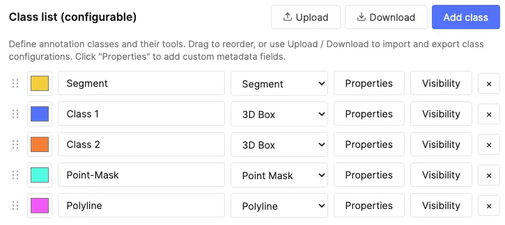 Class list with colors and Property buttons