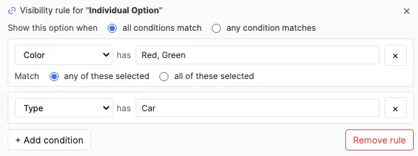 The inline visibility rule showing a condition: Color has Option 2, Option 3