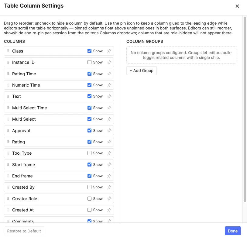 Table Columns Control modal