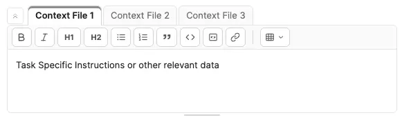 Editor canvas showing the Item Context section at the top with a tab strip, an active tab with a grey accent stripe, and a textarea filled with task-specific notes