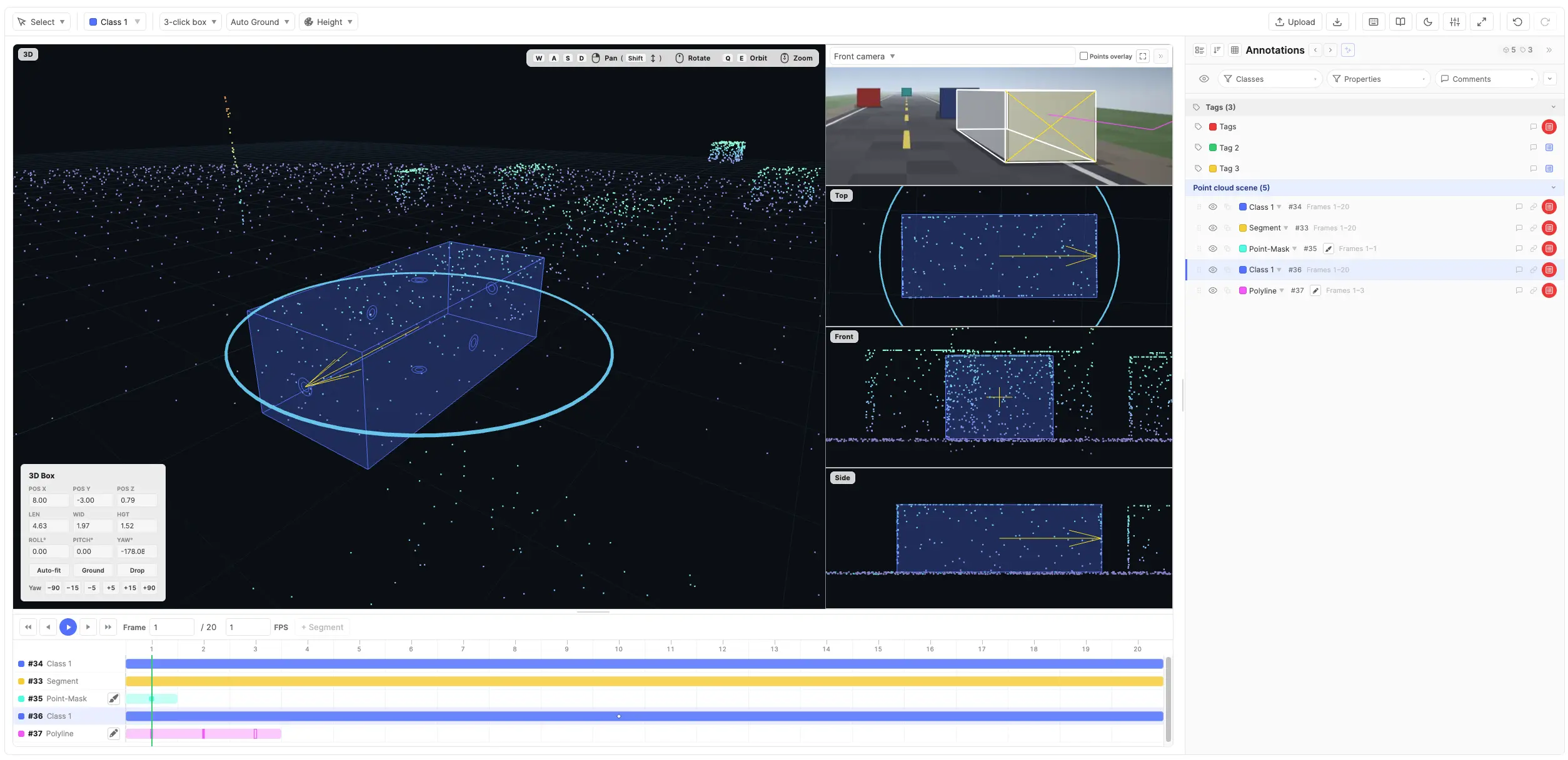 Editor layout: tool dropdown, class selector, canvas, and annotations panel