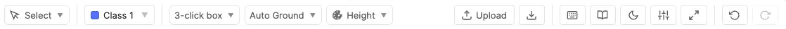 Top toolbar highlighted: tool and class selectors, Upload, Download, shortcuts, adjustments, undo and redo