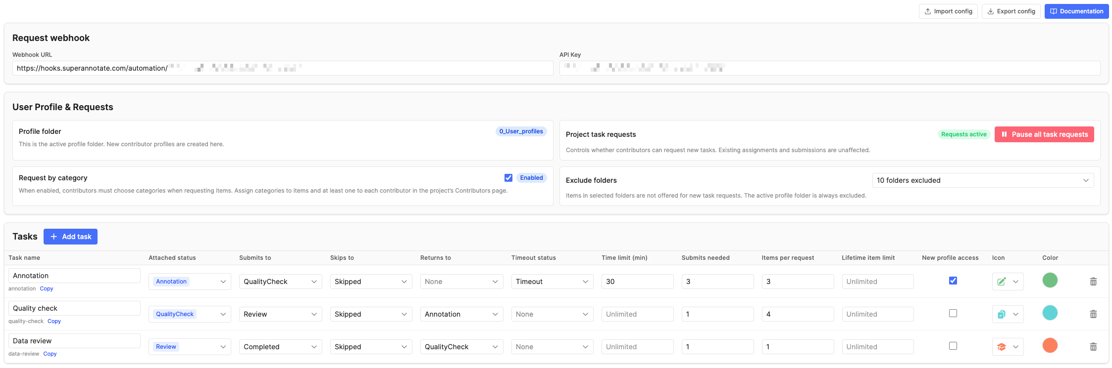 Smart Workflow configuration screen showing Request webhook, User Profile and Requests, and Tasks sections