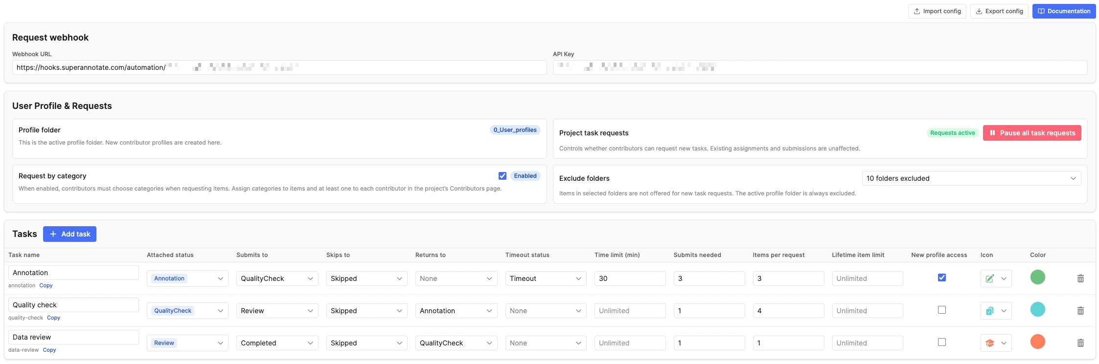 Smart Workflow configuration screen showing Request webhook, User Profile and Requests, and Tasks sections