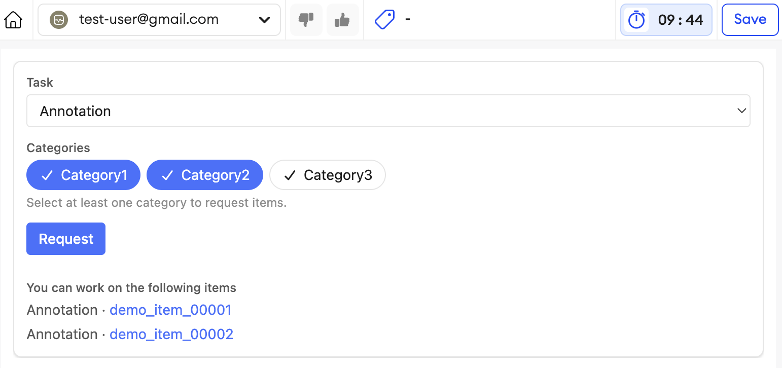 Contributor profile view showing task selection, category selection, Request button, and assigned-item queue