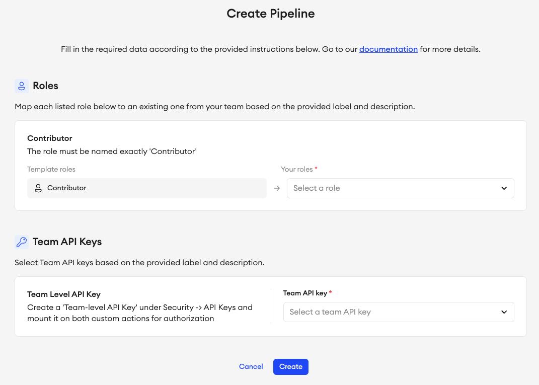 Orchestration import screen with the Contributor role and a Team API key selected