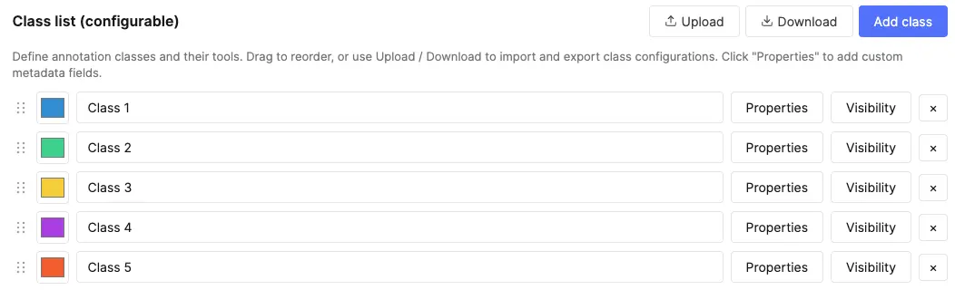 Class list with colors and Property buttons