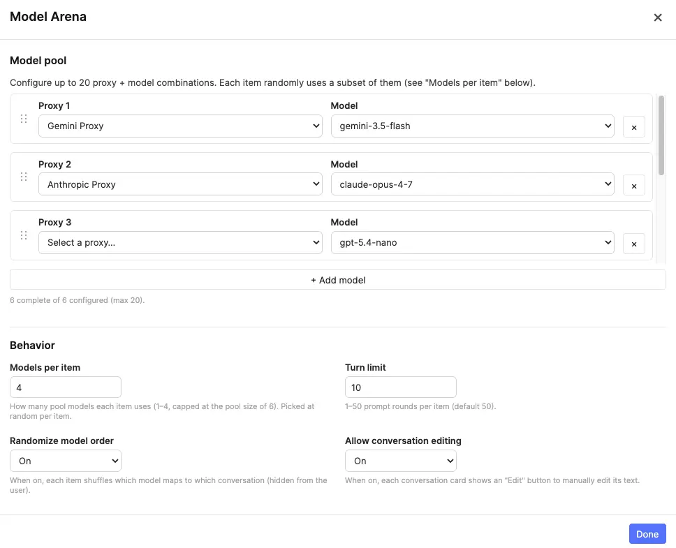 Model Arena settings modal with a Model pool section listing proxy + model rows and an Add model button, and a Behaviour section with Models per item, Turn limit, Randomize model order, and Allow conversation editing controls