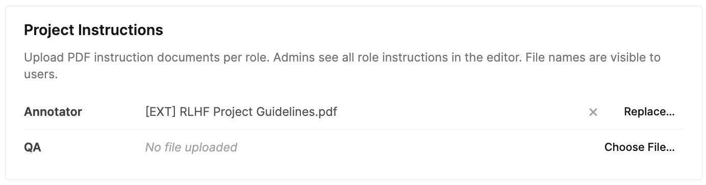 Project Instructions section with a per-role file picker and a list of uploaded PDF instruction files