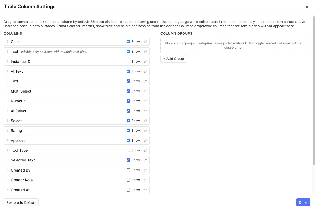 Table Columns Control modal