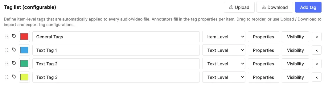 Tag list showing item and image level tags with colors and Property buttons
