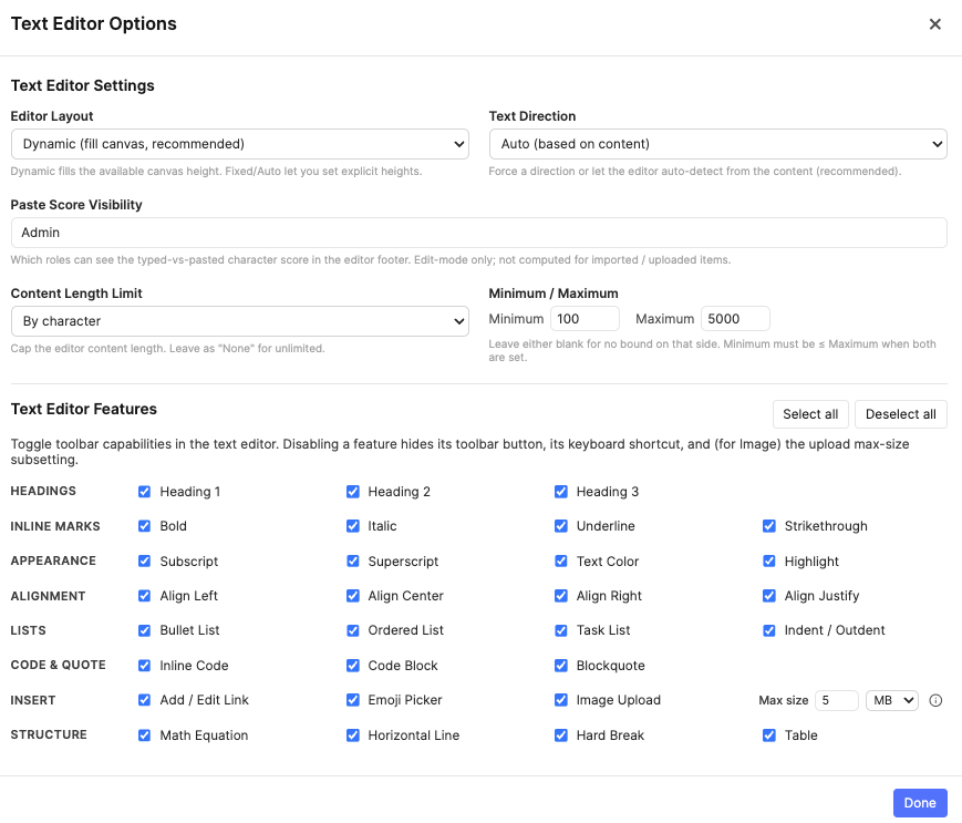 Text Editor Options modal with Settings tab on the left and a Features toggle grid on the right