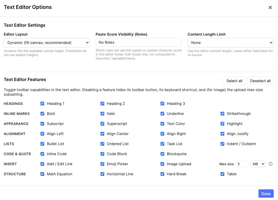 Text Editor Options modal with Settings tab on the left and a Features toggle grid on the right