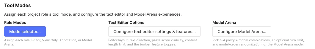 Tool Modes card with a Mode selector button, Text Editor Options button, and Configure Model Arena button, plus the Role-Mode Mapping modal listing each role with a single-select mode dropdown
