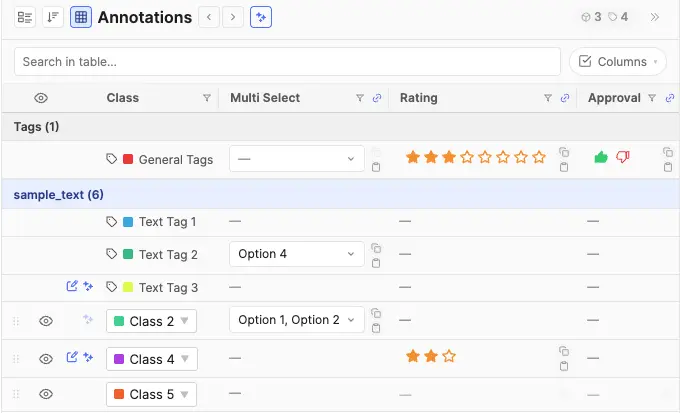 Right panel in table view