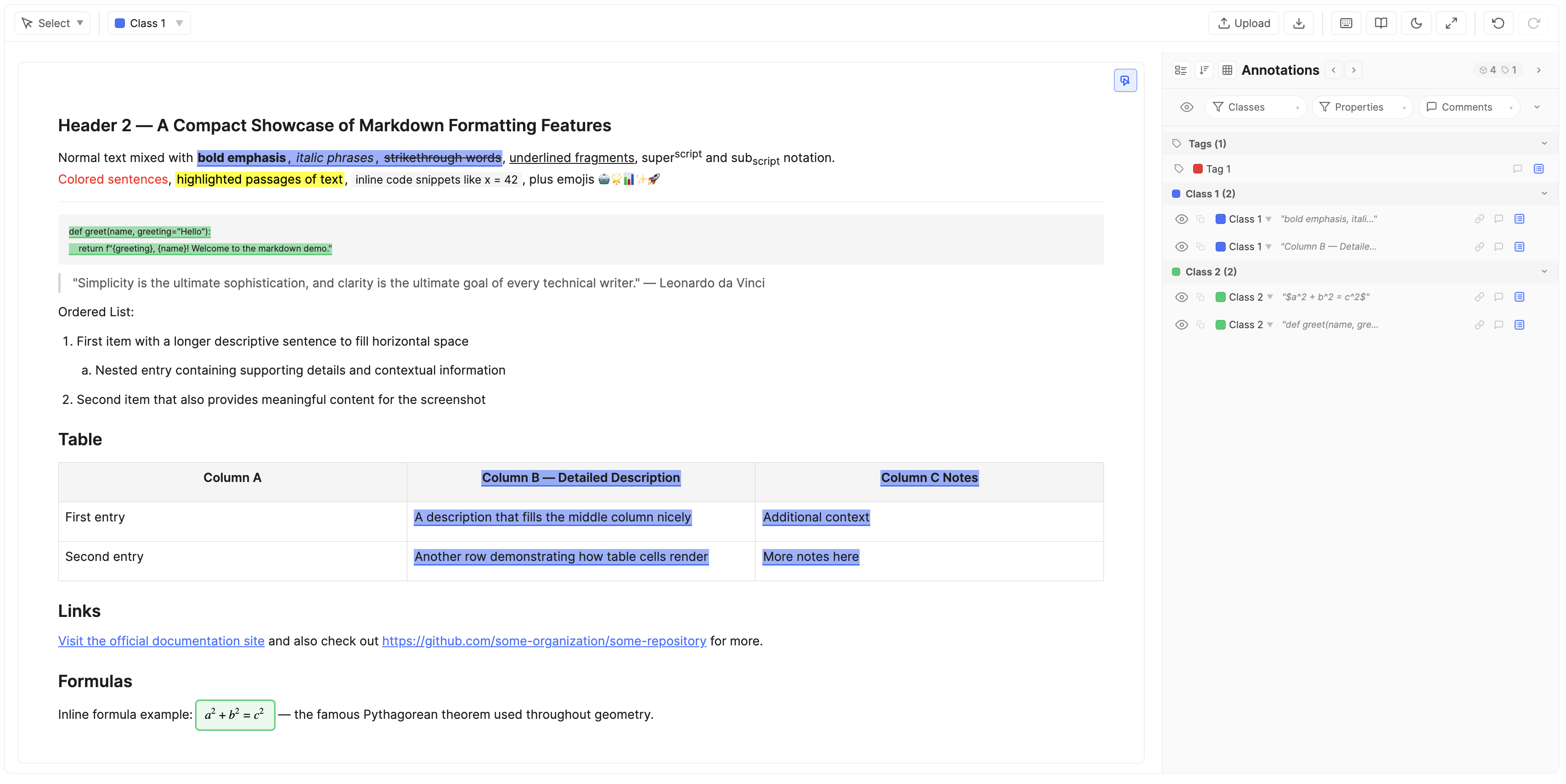 Full editor layout: top toolbar, text area with annotated spans, annotation panel on the right