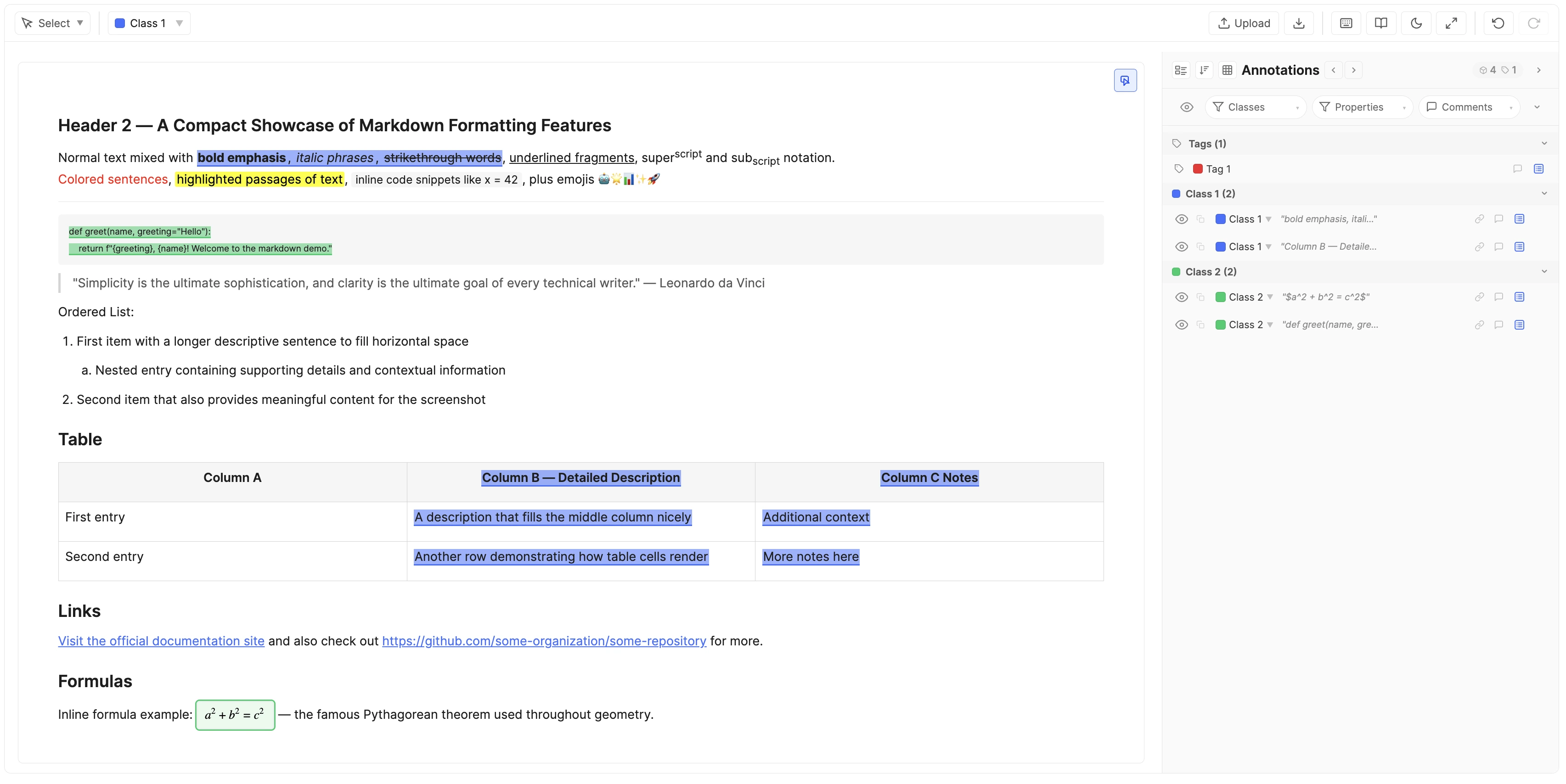 Editor layout: tool dropdown, class selector, canvas, and annotations panel